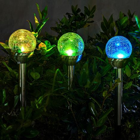 QAZQA Lot de 3 Lampes Solaires de Jardin d'Extérieur à Changement de Couleur et deux LED blanches, boules décoratives pour terrasse, pelouse, cour, chemin, Noël (verre craquelé) (1/5)