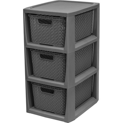 1 x 3 Grey Stylish Rattan Effect Storage Tower Commode Baskets