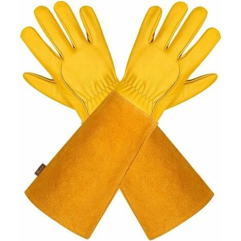 (Amarillo L) Guantes de Jardinería de Cuero Transpirable para Hombres y Mujeres con Guante Antiespinas Piel de Vacuno de Manga Larga para Jardinero y Granjero (1/5)