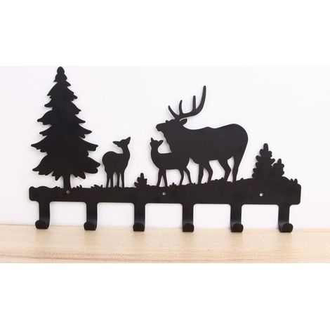 Bardusch-Porte-manteau mural en métal avec 6 crochets - Motif cerf, arbre, forêt, élan, animal de dessin animé - (1/5)