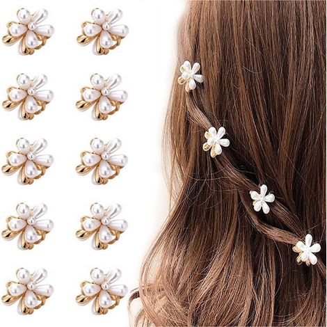10 piccole mini mollette a forma di artiglio con perle e motivi floreali, graziose mollette per creare una finta frangia, accessori decorativi per capelli per donne e ragazze. (1/4)