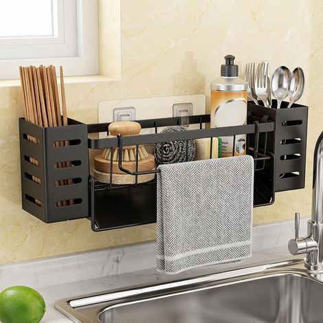 Kitchen Sink Organizer, Sponge Holder with Automatic Drain Tray, Stainless Steel Sponge Sink Organizer with Removable Towel Holder and Brush Holder, Kitchen Sink Accessory (1/5)
