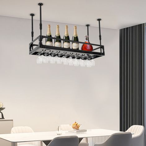【Maison connectée】Porte-bouteilles de vin suspendu à fixer au plafond, étagère porte-coupes à champagne, noir (1/5)