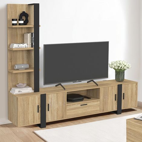 Mueble TV con estantes y armario 200 cm PHOENIX madera y negro (1/5)