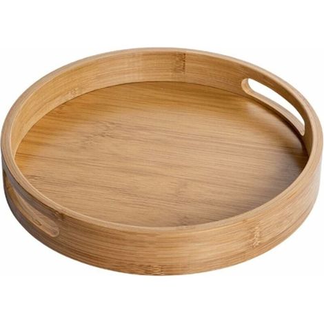 Round Wooden Serving Tray with Handles (Brown), 25 x 25 x 4 cm, Round Decorative Tray, Natural Bamboo, Decorative Tray for Cafe, Bar, Restaurant MUMU (1/4)