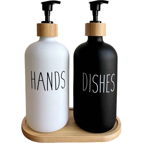 Distributeur de Savon en Verre, 480 ML, Distributeur de Liquide Vaisselle avec Pompe en Bambou, Plateau, Bouteille de Savon