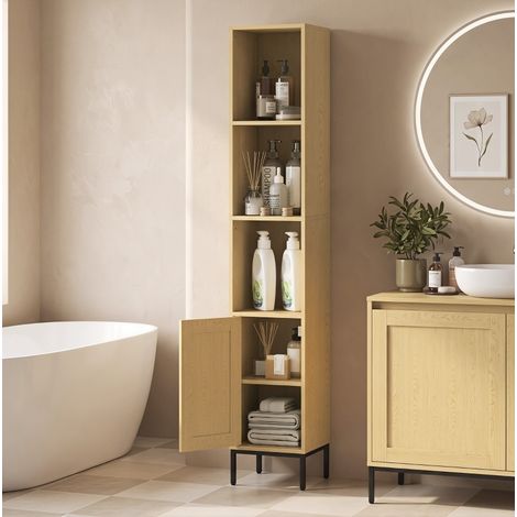 Columna de baño 30x30x164 cm de madera, color natural, ahorra espacio – MEUBLIV (1/5)