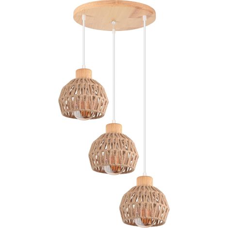 3 Lampes Suspension, Abat-jour 16cm, Chanvre et Bois, Douille E27, Salon Cuisine
