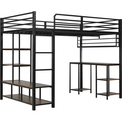 Cama alta de metal con escritorio y estantería 120x200 cm negro y madera oscura HOMVRA (1/5)