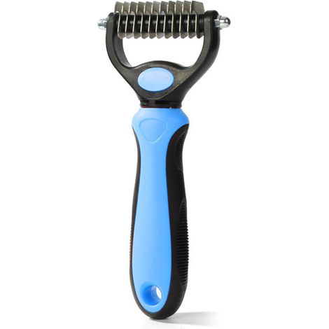 Brosse démêlante double face pour chien et chat, taille petite, 11 dents côté souple + 6 dents côté dense, couleur bleue, emballage blister (1/5)