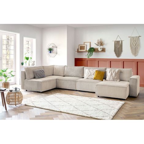 BOBOCHIC - Canapé d'angle fixe modulable XL NIHAD tissu velours côtelé Angle droit Beige (1/5)