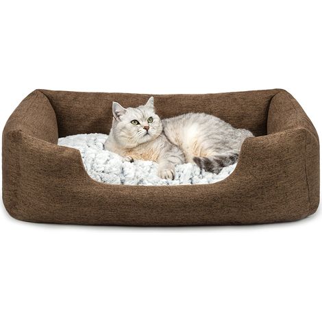 lionto Katzenbett, stilvolles Kuschelkörbchen mit tiefem Einstieg, Wendekissen & rutschfestem Boden, 80x60 cm, braun (1/5)