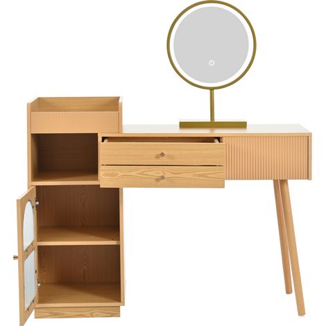 Set toeletta trucco con specchio LED a 3 colori, truciolare naturale, 120 x 40 x 90 cm (1/5)