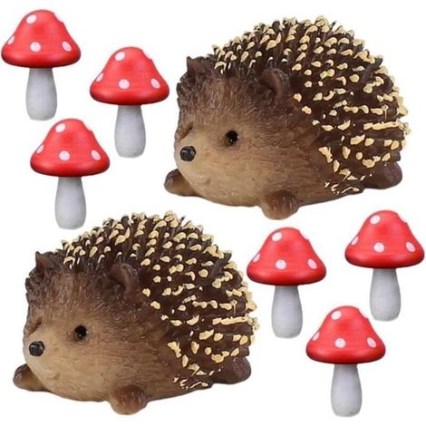8 Pcs Décoration Micro Paysage,Statue du Hérisson en Résine,Sculpture de Champignons en Bois,Belle Sculpture d'animaux en Résine (1/4)