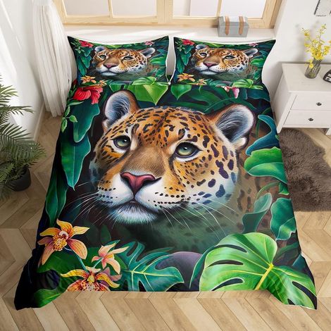 Tiger Pattern Housse de Couette Wild Animal Parure de Lit 220x240cm Wildlife Safari Cat Print Parure Housse de Couette for Boys Girls Teens Bedroom Decor Botanical Leaves with 2 Pillow Case - 220x240c (1/5)