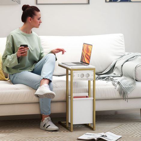 Table d'appoint forme C avec station de charge sac de rangement en tissu plateau aspect marbre, blanc, 46 x 25 x 62,5 centimètres