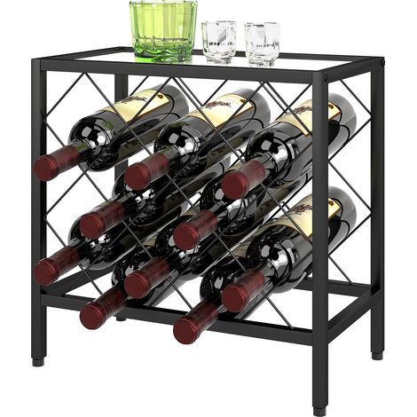 Weinregal für 10 Flaschen aus schwarzem Stahl mit Ablage aus gehärtetem Glas, 41 x 22 x 41 cm (1/5)