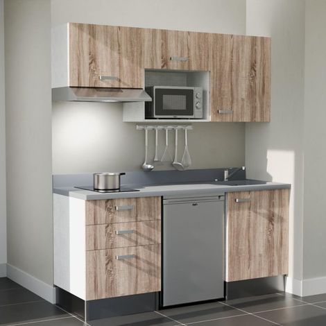 Kitchenette K20L - 180 cm - plan monobloc évier intégré Cromo- évier à droite - Façades Bois + Electroménager inclus coloris Inox (1/5)