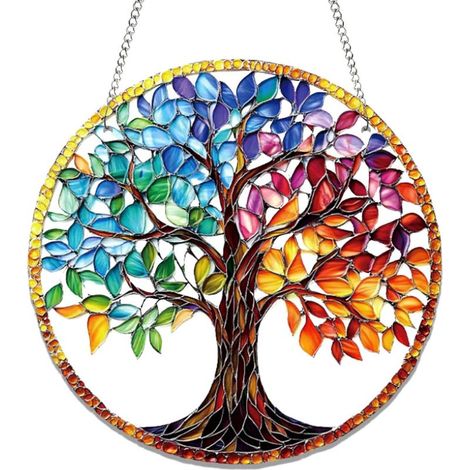 Attrape Soleil 20 x 20 cm, Arbre Coloré Suncatcher Acrylique avec Chaîne, Attrape-Soleil Capteur de Soleil Suspendu pour Chambre Salon Balcon Décoration Jardin Extérieur (1/5)