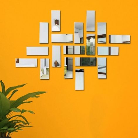 Miroir autocollant mural acrylique, set de 18 pièces – salon et chambre à coucher (argent) (1/4)