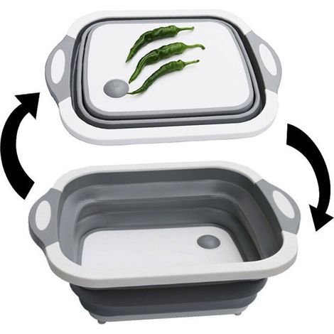 3-in-1 Multifunktionales Falt-Schneidebrett, Hackkorb, Aufbewahrungskorb, Abtropfkorb mit Abflussstopfen und Handtuch für Küche & Reisen (Grau)