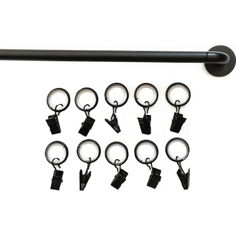 Kit de 2 barres de vitrage adhésives incurvées noires + 10 pinces noires avec anneaux – Fixation sans perçage – Pour voilages sur fenêtres et portes vitrées (1/2)