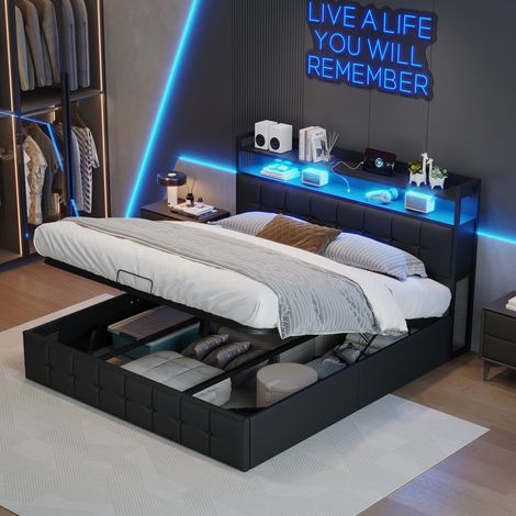 FOERPL-Letto contenitore 140 x 190 cm con LED e USB, letto matrimoniale imbottito con contenitore, letto imbottito 140 x 190 cm con contenitore idraulico, struttura letto con rete