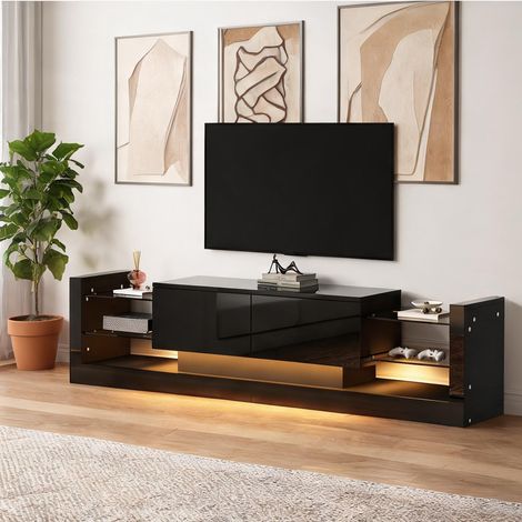 Meuble TV laqué brillant 181 cm avec LED et tiroirs coloris noir (1/5)