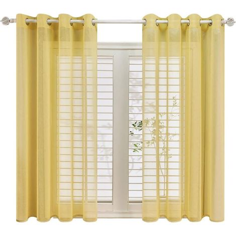 Lot de 2 Rideaux Voilage Jaune Brillant en Effet Lin - A Oeillets Rideau Decoration Chambre Semi-Transparent pour Salon Rideau Cuisine 140x160cm(Largeur x Hauteur)