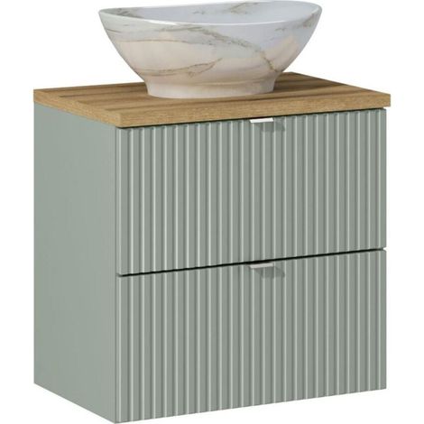 Insieme ELVINA 60cm: mobile sotto lavabo con cassetti in verde salvia grigio + top per lavabo in aspetto legno scuro + lavabo da appoggio marmorizzato
