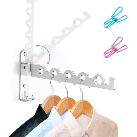 Cintre mural pliant, porte-manteau rail séchage pour salle de bains, chambre, blanchisserie (argent, 1). - Argent - Argent (1/5)