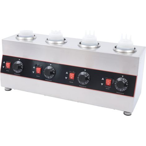 Kommerzieller Elektrischer Saucenwärmer Mit 4 Saucenflaschen, Edelstahl Soßenwärmer, Glimmer-Heizplatten, Einstellbare Temperatur(30-85°C), Wassertauchheizung/Trockenheizung, Silber