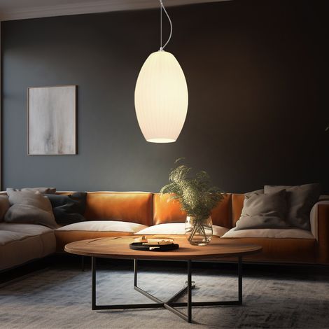 Hängeleuchte Pendellampe Pendelleuchte Glasschirm opal Schirmleuchte Esszimmerlampe Küche, Metall Glas gestreift weiß opal nickel matt, 1x E27 Fassung, DxH 28,5x120cm