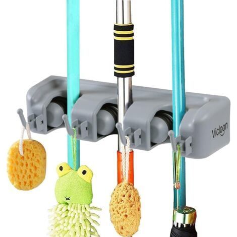 Multifunctional wall mounted broom holder with 3 slots and 4 hooks: convenient storage for kitchen, garage and laundry room. (1/5)
