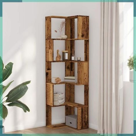 Bibliothèque d'angle - Modèle à 5 niveaux - Vieux bois - Bois d'ingénierie - 50 x 50 x 179 cm (1/5)