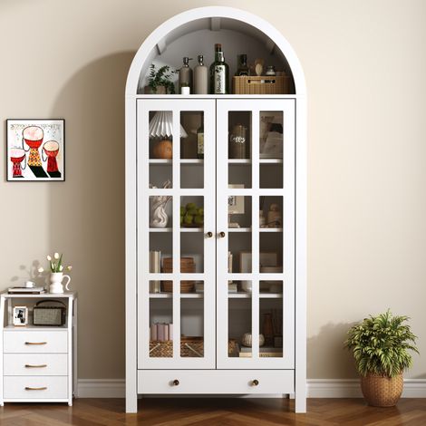 Mobile alto moderno ad arco con ripiani multipli e un cassetto – Mobile espositivo multifunzionale con ripiani regolabili in altezza per soggiorno, studio e sala da pranzo. (1/5)