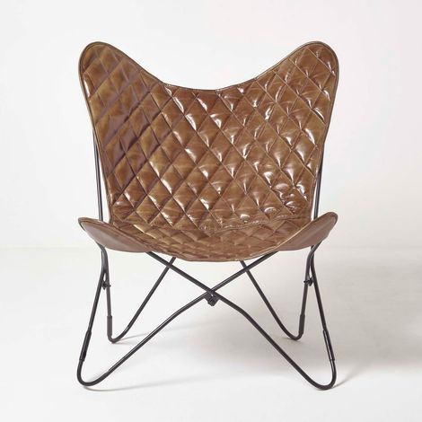 HOMESCAPES Butterfly-Sessel, braunes Leder mit Diamantmuster
