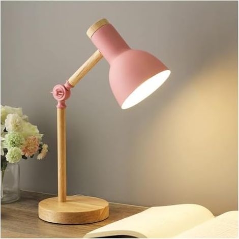 Lampe de table de chevet, lampe de bureau en bois moderne avec abat-jour en métal Lampe de chevet réglable pour bureau, salle d'étude, chambre à coucher, salon, chambre d'enfant, lecture,Rose (1/4)