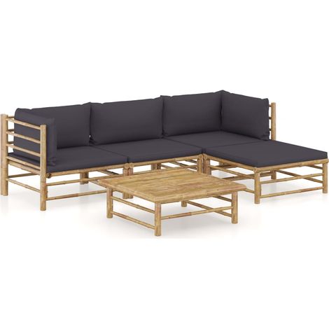 Salon de jardin 5 pcs Ensemble Table et Chaise de Jardin - avec coussins gris foncé Bambou BV382306 - BonneVie (1/5)