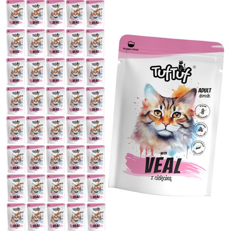 Aliment humide pour chat TufTuf, sachet de veau, 40 sachets de 100 g, viande en conserve (1/2)