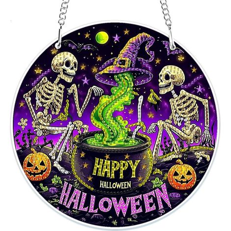 Halloween Diamond Painting Anhänger, Fensterbild Skelett Kürbis, Bastelset für Kinder & Erwachsene
