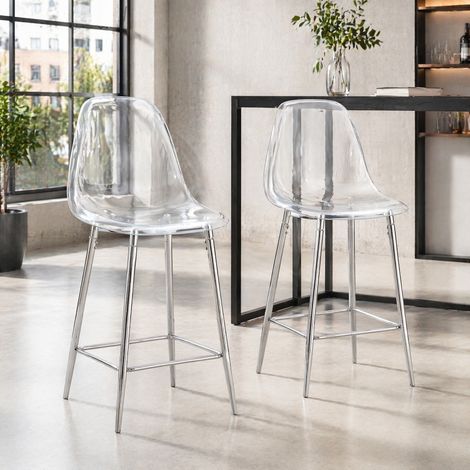 DESMIU Tabouret de Bar Transparent avec Repose-pieds, Design Moderne, Structure en Plastique Argent 66.5 × 48.0 × 37.0 cm (1/5)