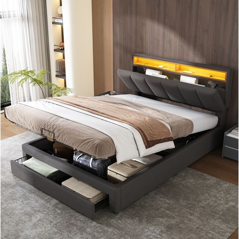 MEUBLIV Lit capitonné gris 140 x 200 cm avec éclairage LED tête de lit en lin cadre en acier sommier à lattes en bois espace de rangement sous le lit pour chambre jeunesse (1/5)