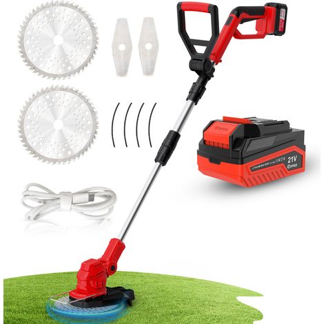 OUTIGO Akku-Freischneider, Akku-Rasenmäher, betrieben mit 1 x 21 V - 4 Ah Akkus, mit klappbarem Teleskopstiel und Rädern, geeignet zum Trimmen von Gartenrasenflächen.