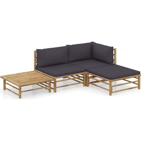 Salon de jardin 4 pcs Ensemble Table et Chaise de Jardin - avec coussins gris foncé Bambou BV261648 - BonneVie (1/5)