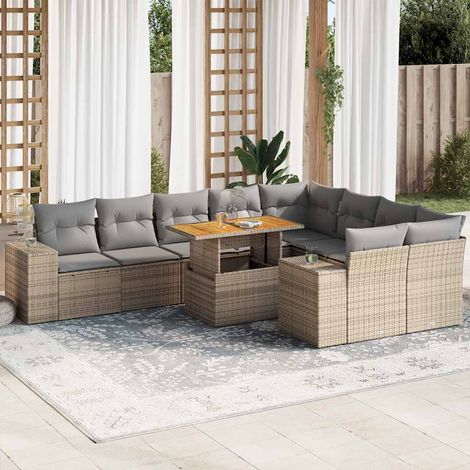 Salon de jardin avec coussins 10pcs beige résine tressée acacia (1/5)
