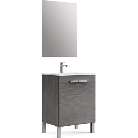Meuble de Salle de Bain avec lavabo et Miroir avec Pieds, Deux Portes, Couleur Gris Bois, mélamine 16, en kit, Facile à Monter, 60 x 82 x 46 cm, 16 mm, Cendre, 60 x 46 x 82 cm (1/5)