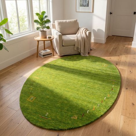 Tapis Gabbeh indien Tapis Fenth - Tapis en laine - 240x170cm, Oval - 100% Laine vierge - Tissé main - Vert