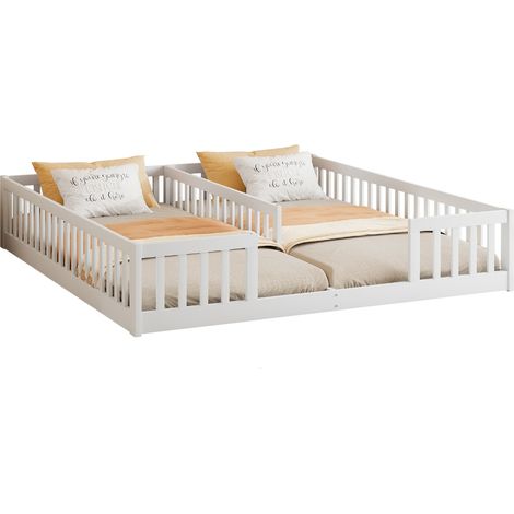 Lit à panneaux 90 x 200 cm, lit enfant avec barrière, sans sommier à lattes (sans matelas), pour familles avec deux enfants, pin, style minimaliste, blanc