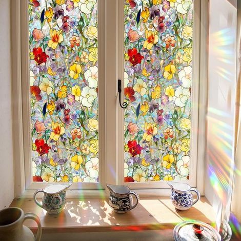 Confezione da 2 adesivi per finestre effetto vetro colorato con motivo floreale arcobaleno vintage, pellicola per la privacy senza bisogno di colla (43x100 cm) (1/4)
